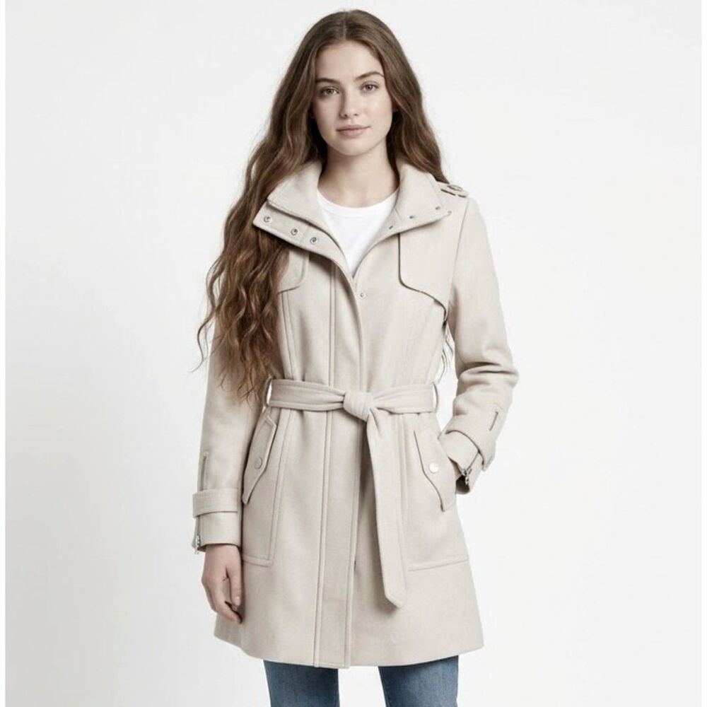 Kenneth Cole NY Wool Blend Belt Trench Beige Coat Jacket Silver Accent SZ 14